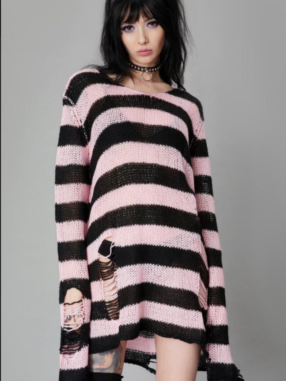 KILLSTAR Bad Blossoms Pink Black Striped Distressed Grunge Knit Sweater M